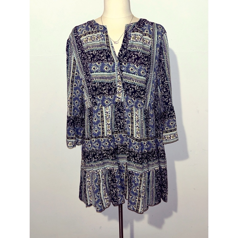 Boho V-Neck Peasant Top in Navy & Teal Cato NEW